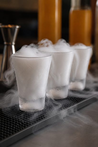 Máquina de hielo seco creando humo en vasos